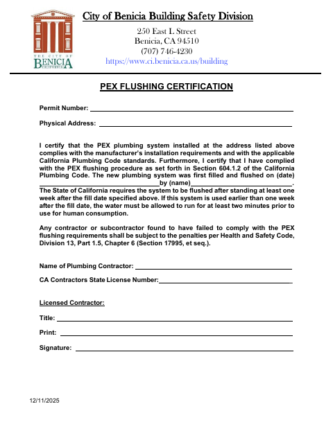 First page of the PEX Flushing Certification