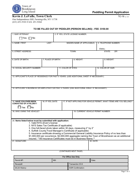 First page of the Peddling Permit Application (TC-19)
