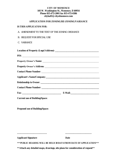 First page of the Zoning, Rezoning, or Variance Application