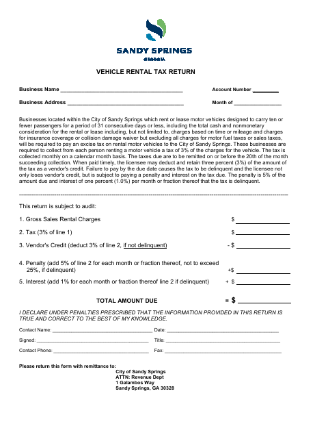 First page of the Vehicle Rental Tax Return