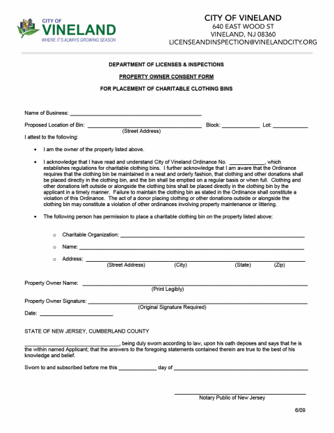 First page of the Property Owner Consent Form for Charitable Clothing Bins