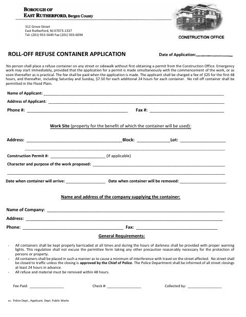 First page of the Roll-Off Refuse Container Application
