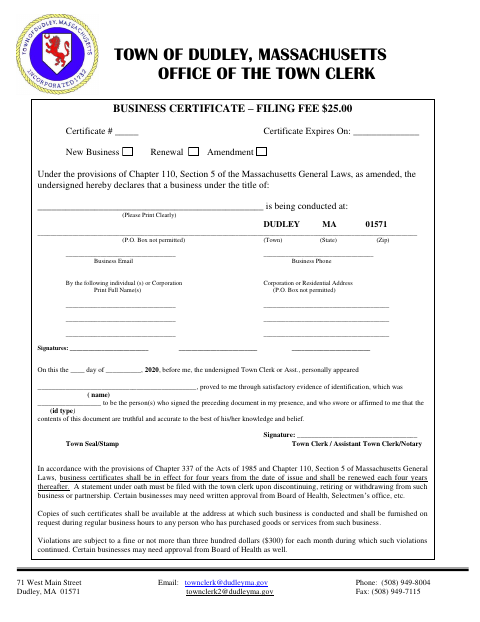 First page of the Business Certificate (DBA) Application