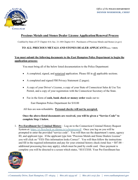First page of the Precious Metals and Stones Dealer License Application