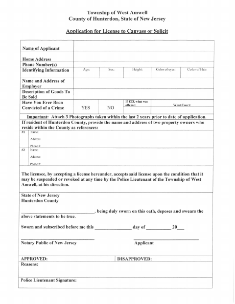 First page of the License to Canvass or Solicit Application