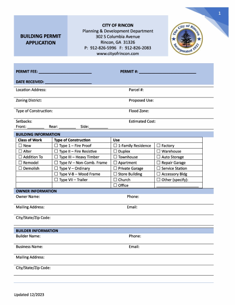 First page of the Building Permit Application