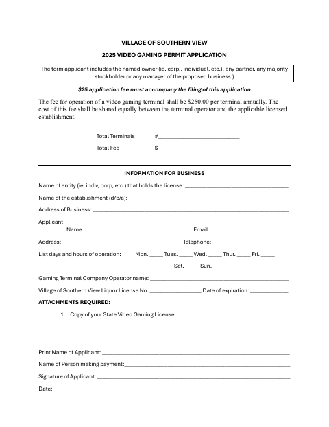 First page of the 2025 Video Gaming Permit Application