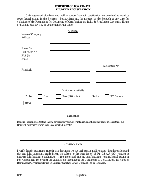 First page of the Plumber Registration
