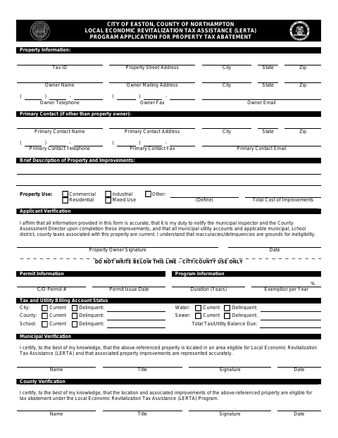 First page of the LERTA Application for Property Tax Abatement