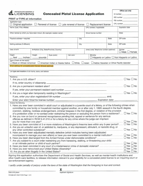 First page of the Concealed Pistol License Application