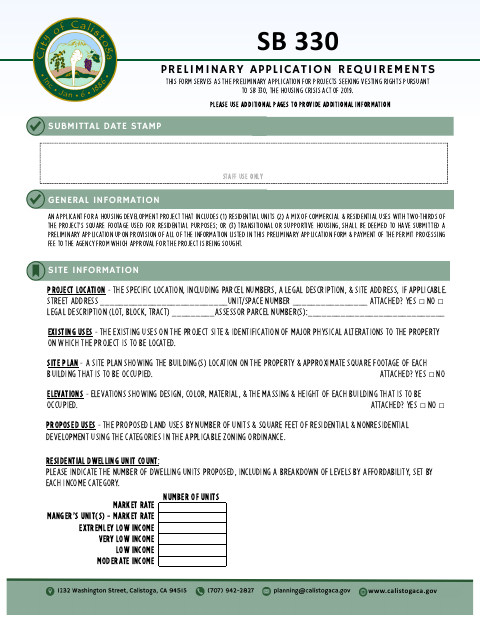 First page of the SB 330 Preliminary Application
