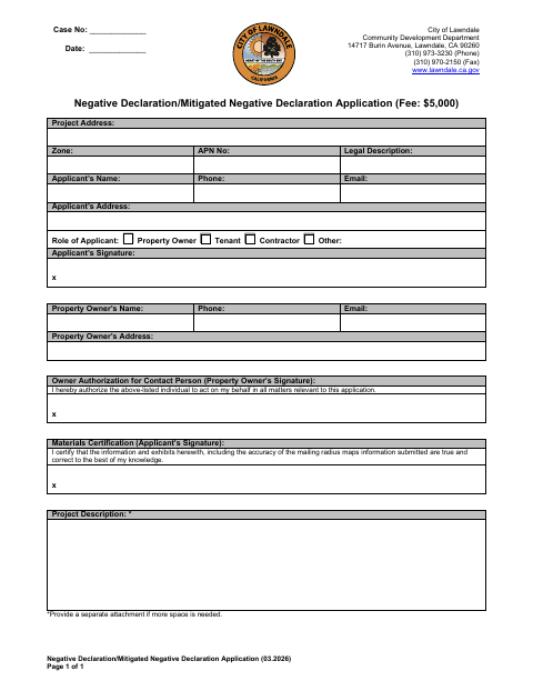 First page of the Negative Declaration/Mitigated Negative Declaration Application