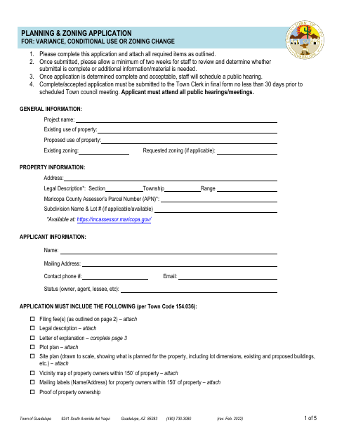 First page of the Planning and Zoning Application for Variance, Conditional Use or Zoning Change