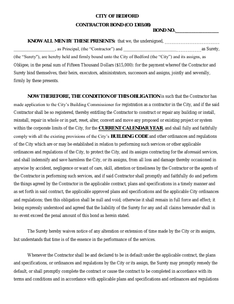 First page of the Contractor Bond