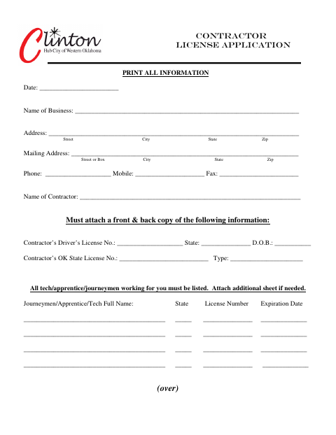 First page of the Contractor License Application