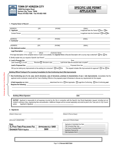 First page of the Specific Use Permit Application