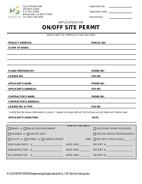 First page of the Application for On/Offsite Permit (Encroachment Permit)