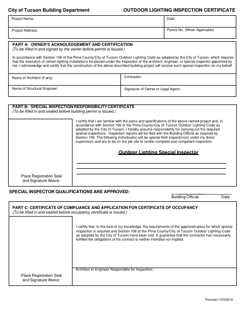 First page of the Outdoor Lighting Inspection Certificate