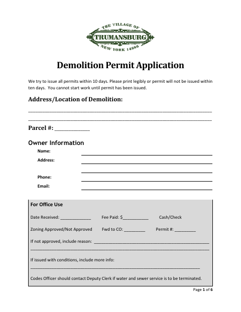First page of the Demolition Permit Application