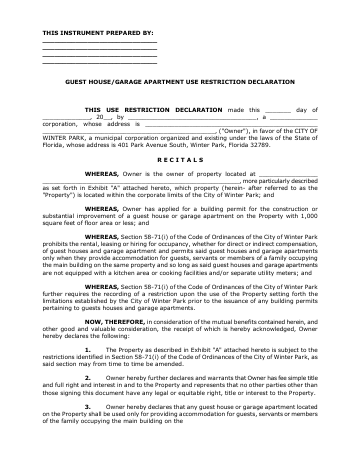 First page of the Guest House Use Restriction Declaration