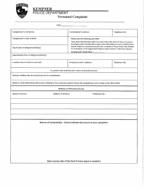 First page of the Police Personnel Complaint Form