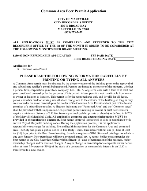 First page of the Common Area Beer Permit Application