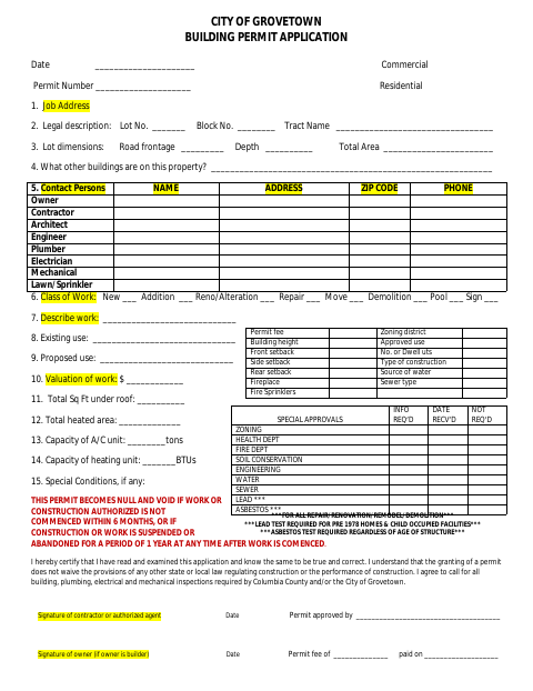 First page of the Building Permit Application
