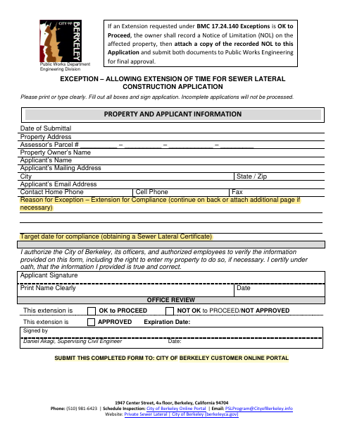 First page of the Exception – Allowing Extension of Time for Sewer Lateral Construction Application