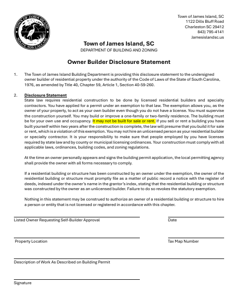 First page of the Owner Builder Disclosure Statement