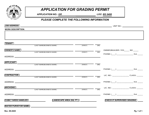 First page of the Grading Permit Application
