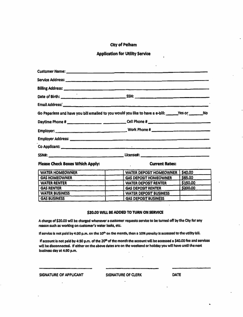 First page of the Application for Utility Services
