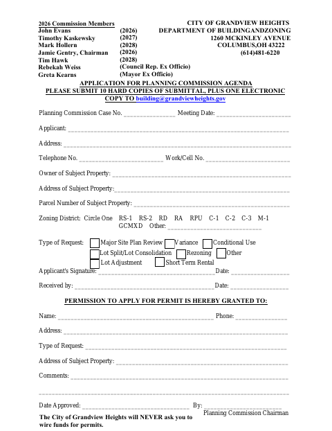 First page of the Application for Planning Commission Agenda