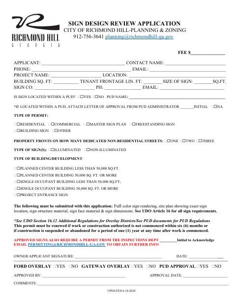 First page of the Sign Design Review Application