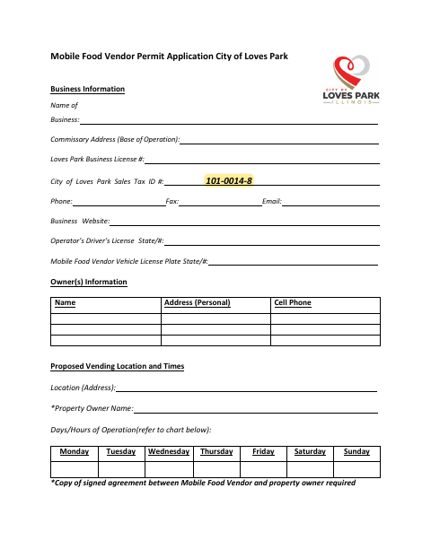 First page of the Mobile Food Vendor Permit Application