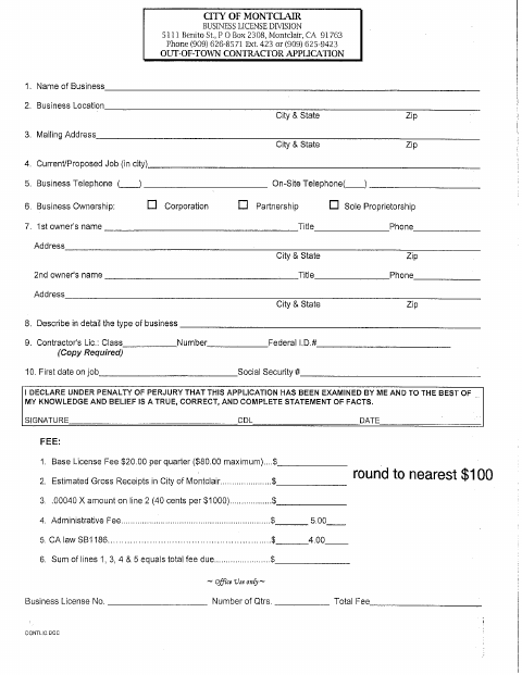 First page of the Out-of-Town Contractor Application