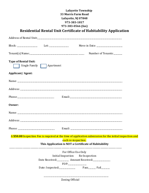 First page of the Residential Rental Unit Certificate of Habitability Application