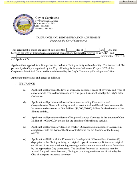 First page of the Insurance And Indemnification Agreement