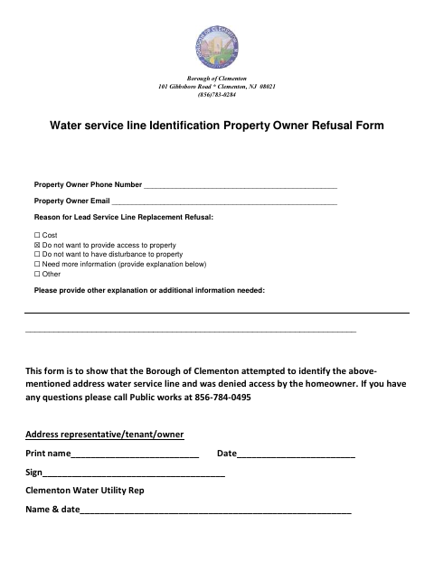 First page of the Water Service Line Identification Property Owner Refusal Form