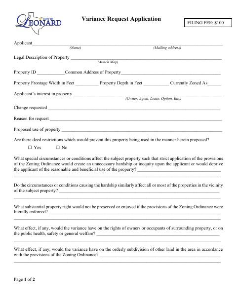 First page of the Variance Request Application