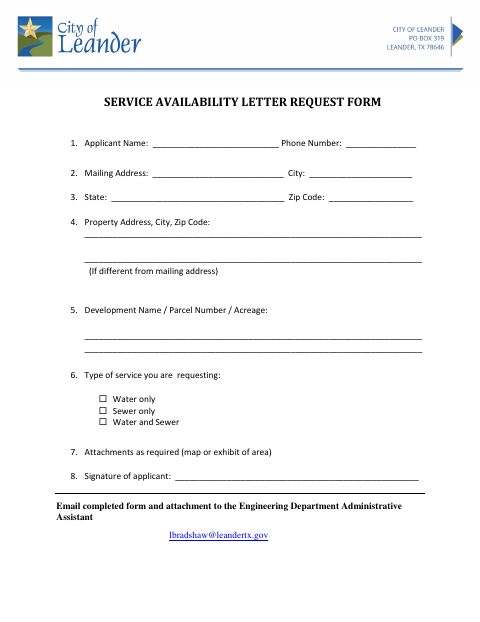 First page of the Service Availability Letter Request Form