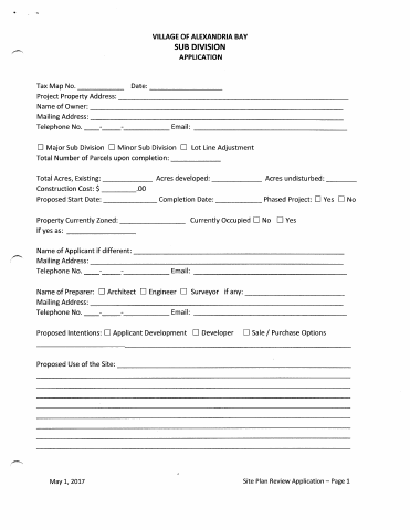 First page of the Subdivision Application