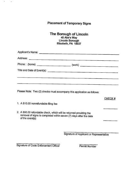 First page of the Temporary Sign Application