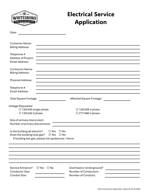 First page of the Electrical Service Application
