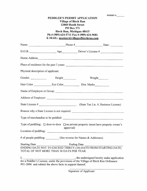 First page of the Peddler’s Permit Application