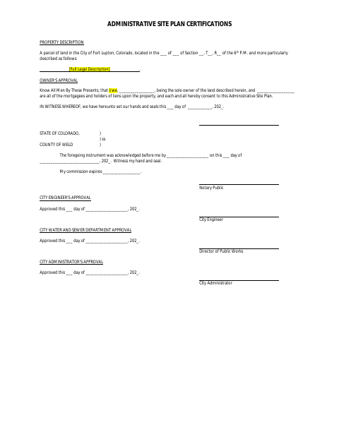 First page of the Administrative Site Plan Certifications