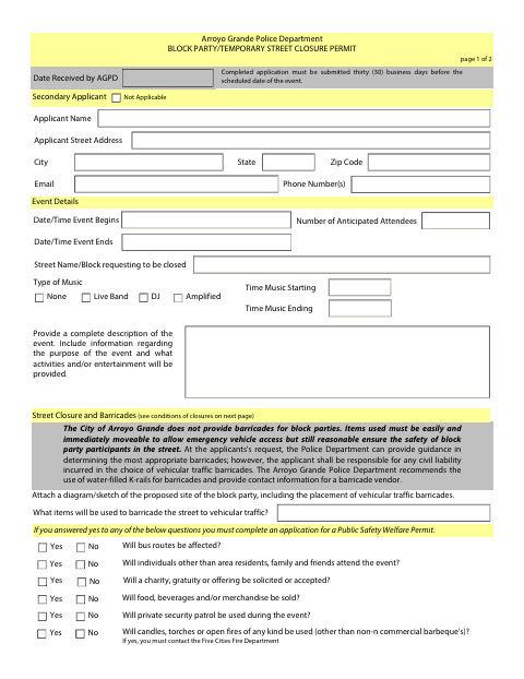 First page of the Block Party/Temporary Street Closure Permit