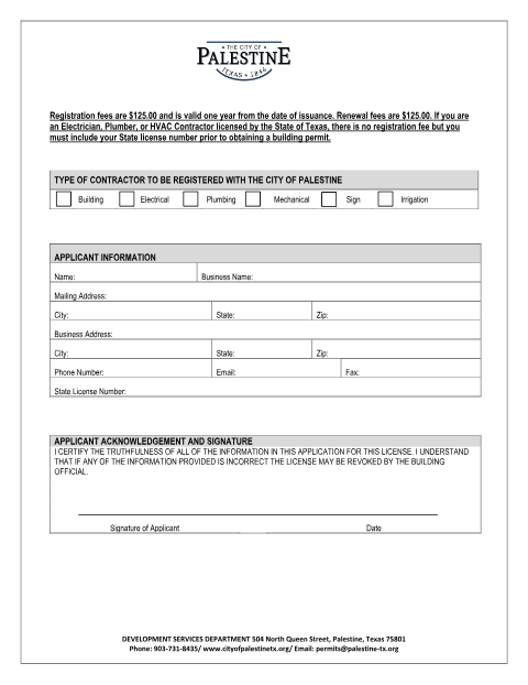 First page of the Contractor License Registration