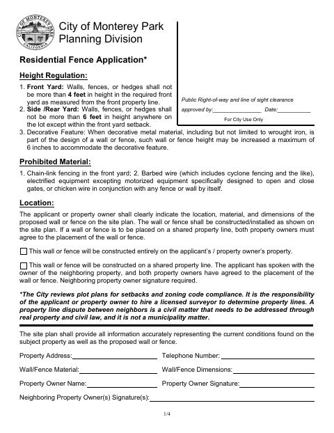 First page of the Residential Fence Application