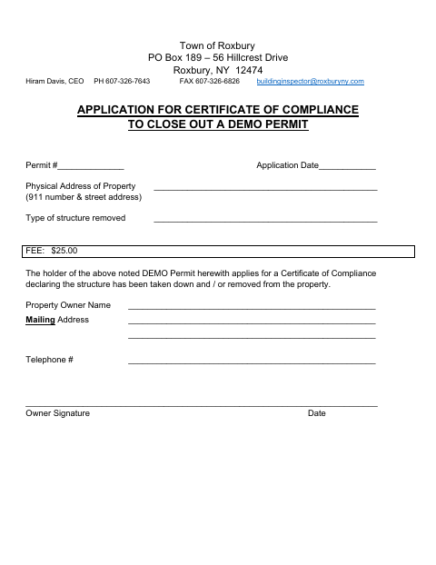 First page of the Application for Certificate of Compliance to Close Out a Demo Permit