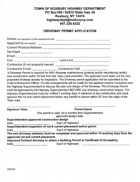 First page of the Driveway Permit Application